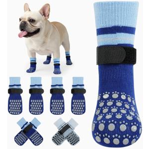 Kuoser Dog Socks, Non-Slip Dog Grip Sock for Hardwood Floors, No Twist Dog Boots & Paw Protectors 4 Pcs Anti-Scratch Hot Pavement Winter Snow Socks for Small Medium Large Senior Dogs, Blue S