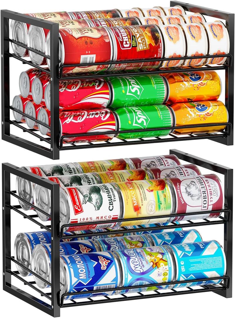 SUFAUY Stackable Can Rack Organizer for Pantry, 2 Tier Soda Canned Food Storage Holds Up to 60 Cans, Steel Square Frame Shelves for Storage, 2 Pack (12"D x 16.5"W x 11"H, Black)