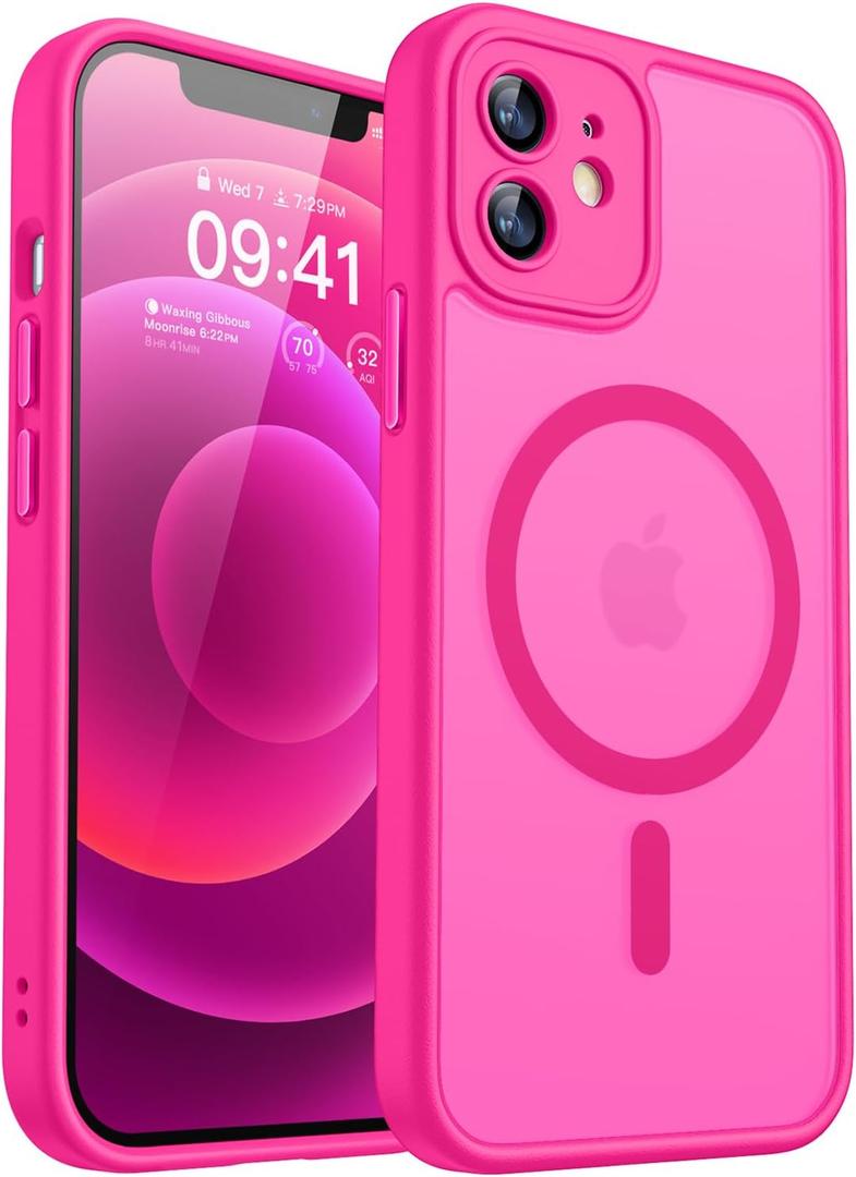 CANSHN Magnetic Compatible with iPhone 12 Case, Upgraded [Full Camera Protection] [Compatible with Magsafe] [Translucent Matte] Shockproof Protective Phone Case Cover 6.1 Inch - Hot Pink
