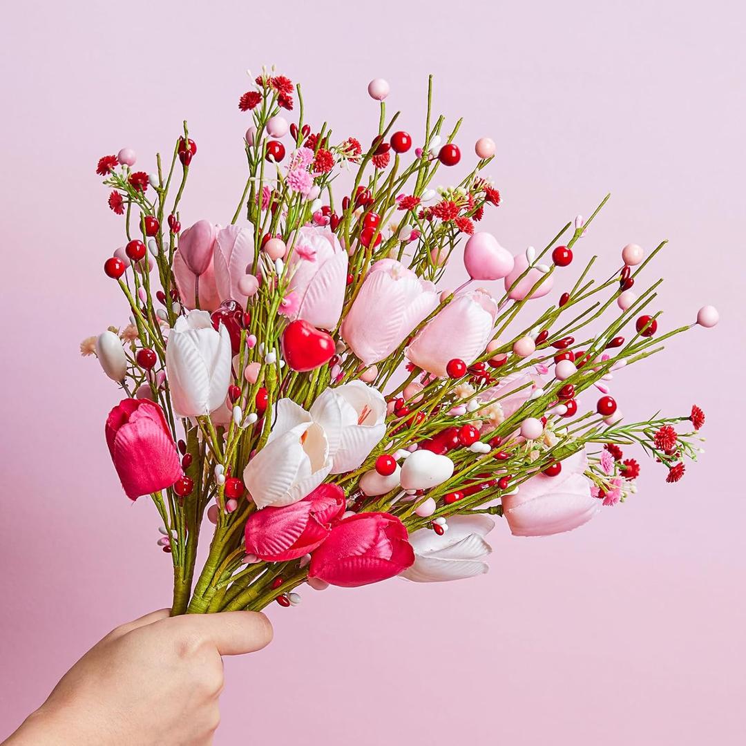 WDS WONDROUS 6Pcs Valentine's Day Artificial Flowers, 15.7 Inch Tulip Heart Stems with Pink White Berries for Vase Centerpiece, Wedding Home Decor