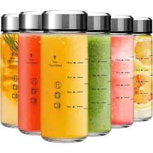 12oz Glass Juice Bottles - 6 Pack Wide Mouth Glass Bottles with Lids- BPA Free, Stainless Steel Lids for Juicing, Smoothies, Infused Water, Beverage Storage - Leakproof, Borosilicate, Clear