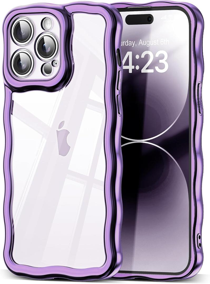 3 x SKYLMW Compatible with iPhone 14 Pro Case, Kawaii Cute Curly Wave Frame Luxury Plating Edge, Stylish Glossy Clear Back, Soft TPU Shockproof Protective Cases for iPhone 14 Pro, Purple