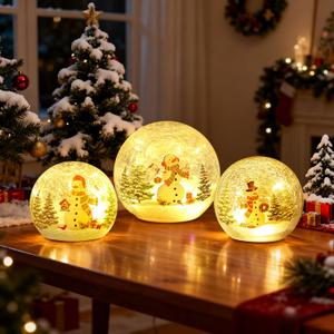 Christmas Decorations Indoor, Snowman Trees Decor Crackle Glass Ball with LED Lights for Home Decor,Home Table Mantel Decor for Christmas Festival, Battery Powered, 3 Pack, 3.9+4.7+5.9