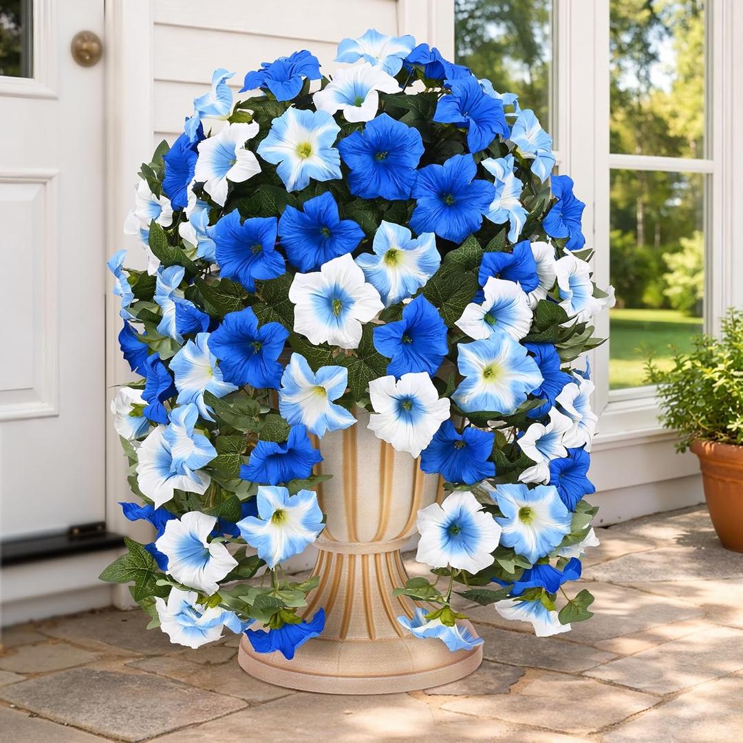 Yastouay Artificial Flowers for Outdoors, 4 Pack Artificial Petunias Fake Flowers, UV Resistant Realistic Hanging Flowers Plants for Outside Porch Patio Garden Spring Summer Decor(Blue White)