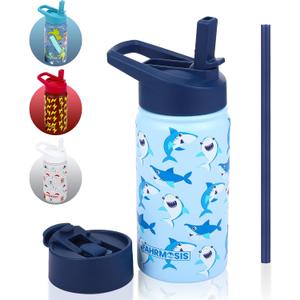 FAHRMOSIS 14 OZ Kids Water Bottle with Straw & 2 Lids (Flip & Spout) Leak Proof Metal Insulated Stainless Steel Reusable Tumbler for School & Sports Water Bottle - Blue (Shark)