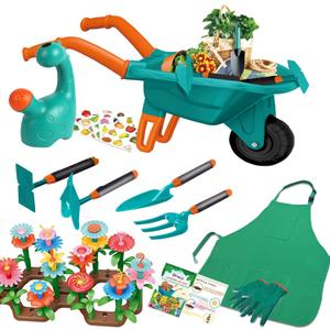 Qtioucp 16Pcs Kids Gardening Tools Outdoor Toys Set Backyard Play with 93 PCS DIY Flower Garden Building Preschool Activities (Green)