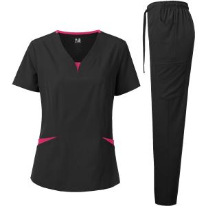 Dagacci Medical Uniform Women's Scrubs Set 4-Way Stretch Split Contrast Net V-Neck Scrub Top and Pants (XX-Large)