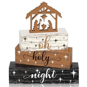 Geelin 4 Pieces Christmas Nativity Scene Table Decorations Xmas Wooden Silent Night Block Signs Holy Night Tabletop Centerpieces Farmhouse Tiered Tray Decor for Home Table Kitchen Shelf