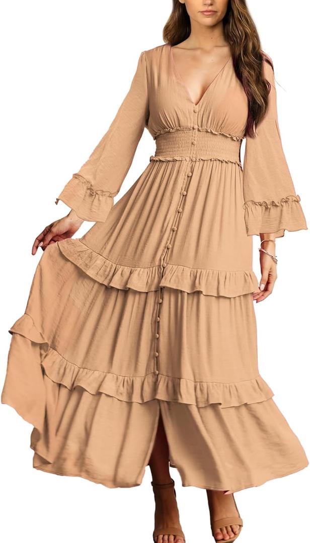 Amegoya Women's V Neck Long Sleeve Boho Maxi Dress Summer Wedding Guest Long Flowy Engagement Dresses (5-khaki), Size XL