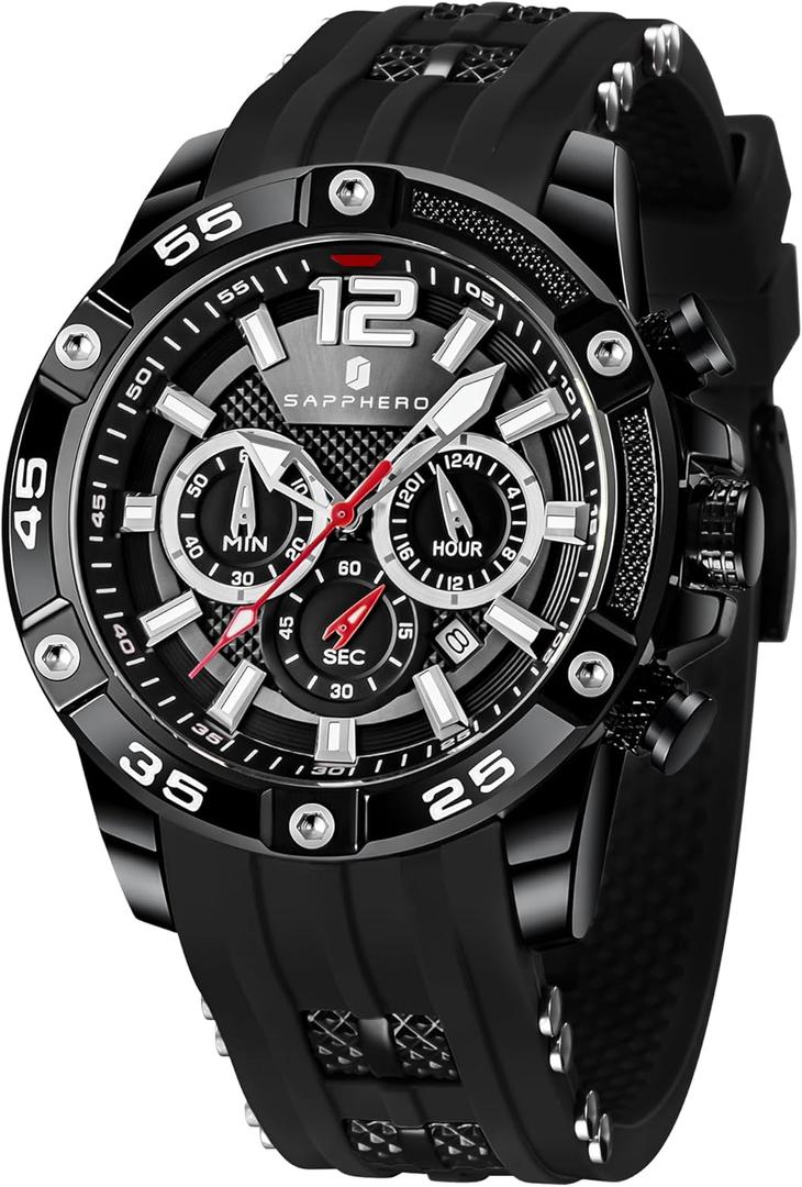 SAPPHERO Mens Watch Waterproof Digital Chronograph Wristwatch with Rubber Strap, 6-Hand Battery-Powered Black Watch for Man Business Casual