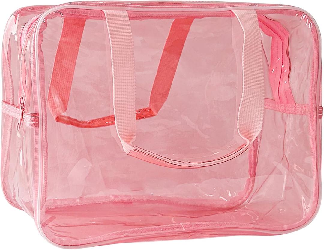 Pink PVC Clear Pure Color Transparent Large Zipper Cosmetic Pouch Travel Makeup Cosmetic Bag with Handle for Travel Bathroom Toiletry Organizer (Light Pink)