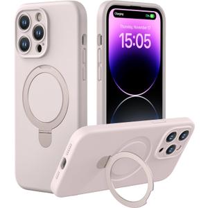 CellEver Strong Magnetic Case for iPhone 14 Pro Max [for MagSafe Charging] [Camera Protection] Heavy-Duty Protection, Soft Grip Silicone Cover with Kickstand, Chalk Pink