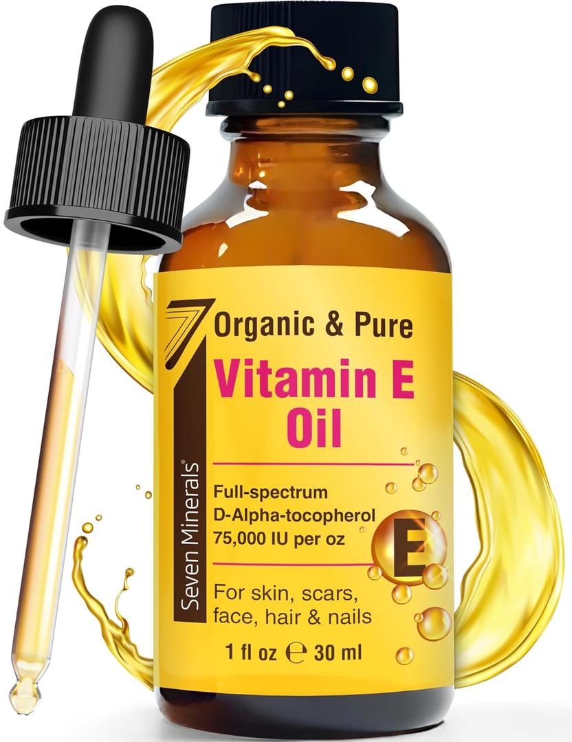 Seven Minerals NEW Ultra Pure Vitamin E Oil - 75,000 IU Full-Spectrum D-Alpha Tocopherol, 1 Fl Oz - 100% Organic Vitamin E Oil for Skin, Face, Hair, and Scars - Naturally Occurring = Not Synthetic (1 Fl Oz (Pack of 1))