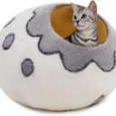 Woolygon Premium Felt Cat Cave Bed  Wool Kitty Beds Handcrafted Kitten Caves Bed for Indoor Cats - Made from Merino Wool, Foldable Cat Hideaway Covered Cat House Pod (White Flower)