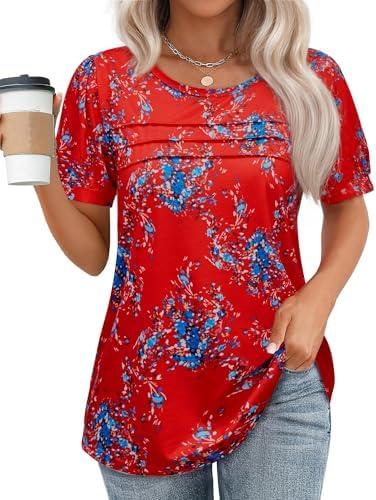 Womens Summer Short Sleeve Tops Pleated Shirts Crewneck Outfit Puff Sleeve Blouses Casual Tunic Blue Flower (2XL)