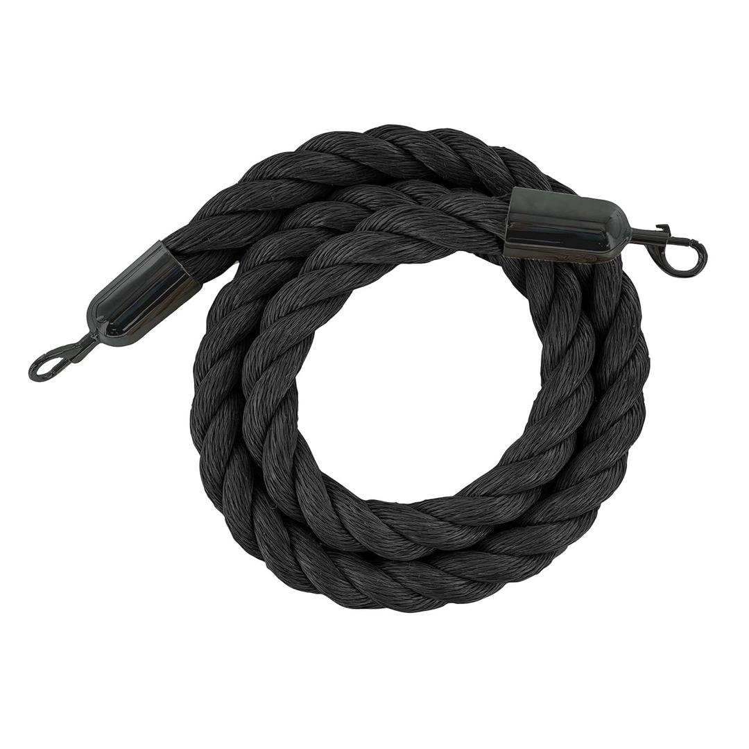Montour Line Black Heavy-Duty Twisted Polypropylene Rope 6 Feet with Black Powder Coated Steel Snaps, Post Queue Line Barrier for Movie Theaters, Grand Openings, Hotels