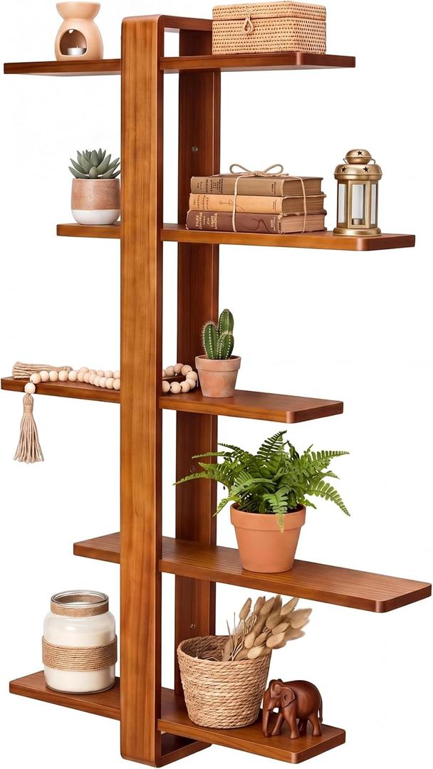 Pinkunn Floating Shelves for Wall, 5 Tier Wall Mounted Shelf Unit with 19.7 Inch Pine Wood Shelves and Walnut Frame, Decorative Plant Photo Book Display Shelf for Living Room Bedroom Bathroom, 38.6 x 6.3 x 2.4 inches