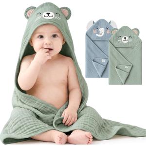 Konssy 2-Pack Muslin Baby Hooded Towels, 100% Cotton, Soft and Absorbent Baby Bath Towels for Newborn, Infant & Toddler with Animal Hooded Design(Elephant & Bear)