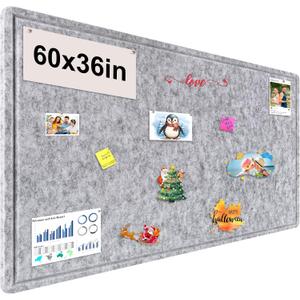 Large Bulletin Board, Foldable 60x36 Inches Cork Board Alternative, Large Felt Board Decorative Pin Board for Wall, Foldable Photo Board Self-Adhesive Vision Board with 36 Pushpins Light Gray