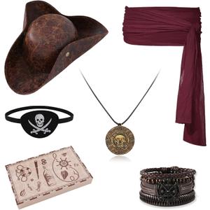 Pirate Hat and Accessories Set with Eye Patch Necklace Sash Leather Bracelets for Men Women Pirate Costume Halloween Cosplay Renaissance Outfit