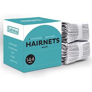 SAFEKO Hair Nets 144 PCS, Individually Wrapped, Lightweight Nylon Hairnets, Latex-Free | Black, Large (24")