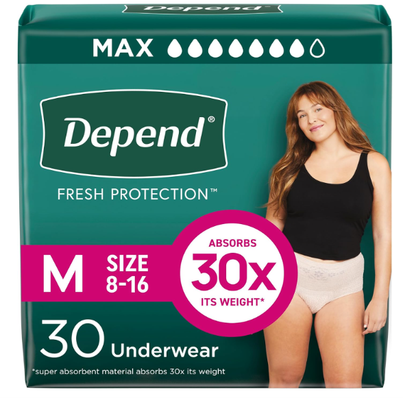 Depend Fresh Protection Adult Diapers, Incontinence & Postpartum Bladder Leak Underwear for Women, Disposable, Maximum, Medium, Blush, 30 Count