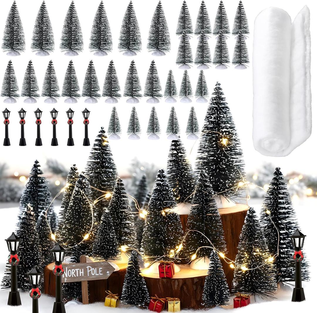 Soulchen 36 Pcs Christmas Model Trains Scenery Set Include 2.5-5.1 Inch Mixed Miniature Christmas Model Trees Mini Streetlight White Snowy Grass Mat for Xmas Train Scenery Architecture DIY Crafts