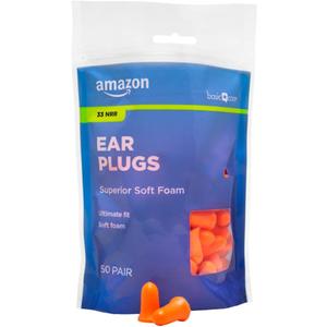 Amazon Basic Care Soft Foam Noise Cancelling Earplugs for Concerts, Hearing Protection, 100 Count (1 Pack of 50 Pairs)