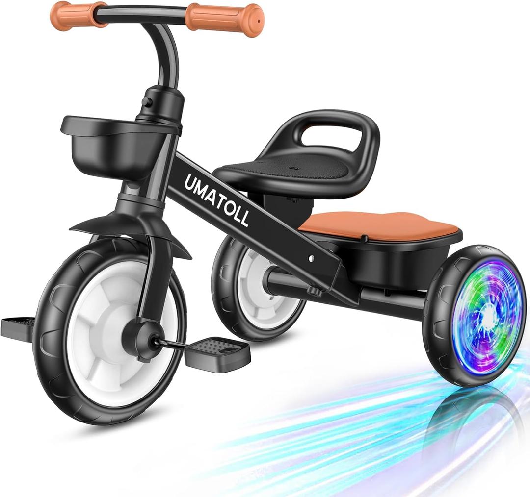 Umatoll Tricycle for Toddlers 2-5 Year Old, Ajustable Toddler Bike Outdoor Toys, Birthday Gift for Boy Age 2-4, Trike with Light up Wheels (Black)