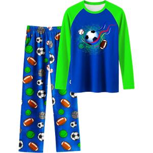 PASHOP Boys Pajamas Cozy Soft Long Sleeves Top and Pants 2 Piece Cool Pjs Pajamas Set Big Boys Sleepwear Size 8-14 (10, Green Soccer)