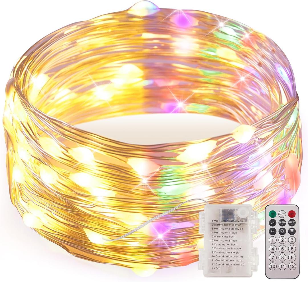 Ariceleo 1 Pack Warm White & Multi-Color Battery Operated String Lights, 5M/16.4ft. 50 LEDs Remote Control Timer 12 Modes Optional Twinkle Battery Powered Fairy Lights Sliver Wire Firefly Lights