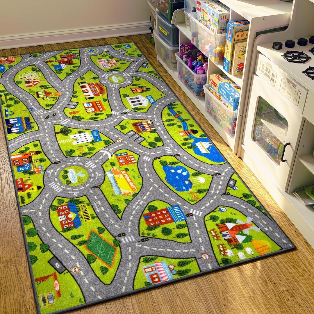 STARUIA Kids Carpet Playmat Rug, 60" x 32"Ultra Non-Slip Car Rug Play Mat Learn and Have Fun Educational City Road Car Carpet for Kids, Washable Car Kid Rugs for Bedroom Boys Room Playroom Nursery