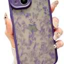 for iPhone 15 Case, Flowers Butterfly Slim Hard PC Frosted Shockproof Drop Protection Cover, Translucent Matte Floral Phone Case for Women Girls 6.1" - Purple