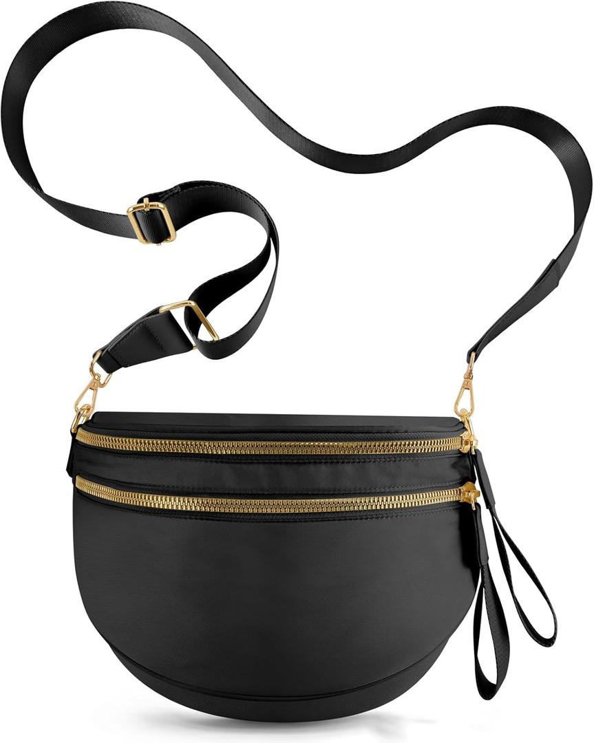 Checkered Crossbody Bags for Women, Large Nylon Bum Bags Plus Size Fanny Pack Sling Bag Belt Bag for Women Travel, Pure Black