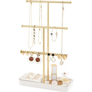 Lolalet Jewelry Necklace Holder with Ceramic Base, 14.2" Gold Jewelry Display Stand with Velvet Ring Tray Jewellery Organizer for Necklaces Bracelets Earrings (White)