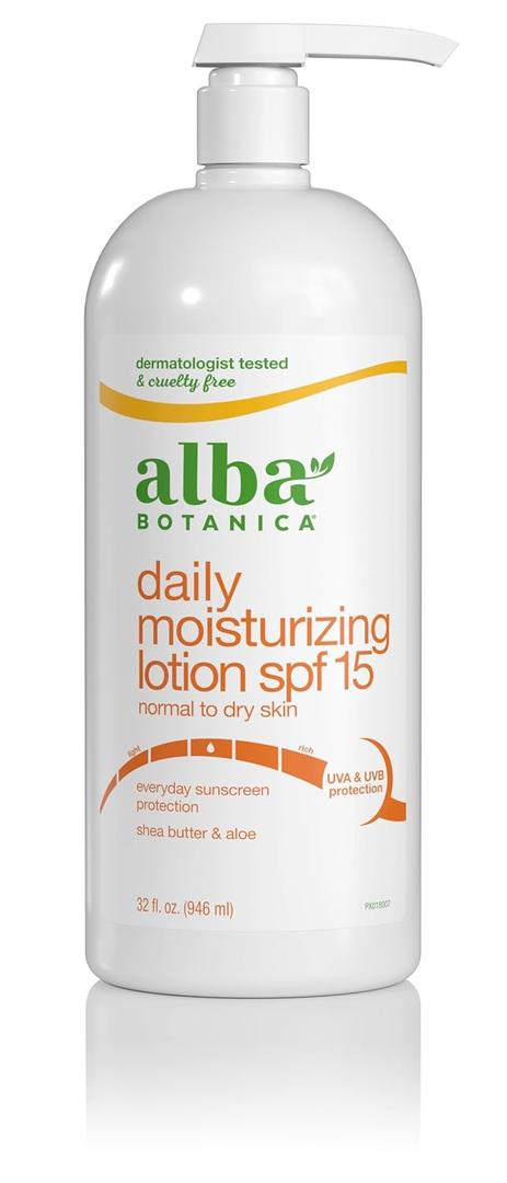 Alba Botanica Daily Moisturizing Lotion SPF 15, Normal to Dry Skin, with Shea Butter and Aloe, 32 Oz (Packaging May Vary)