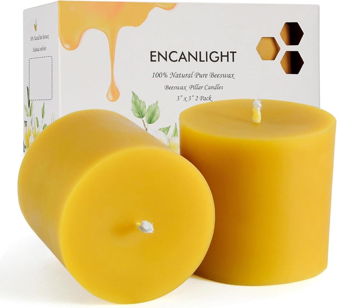 Pure Beeswax Pillar Candles 3x3 Inch, 2 Pack Natural Bees Wax Candle with Cotton Wick, 50-55 Hours Long Burning, Dripless and Smokeless for Home Decor, Party, Dinner (Yellow)