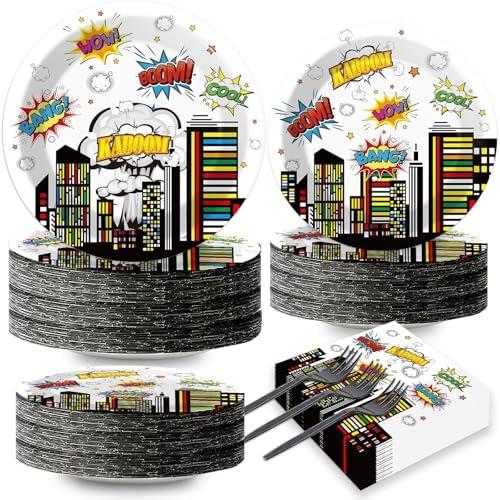 Super Party Plates Napkins Forks Hero Theme Party Tableware Set Hero Action Sign Party Disposable Paper Dessert Cake Dinnerware Boy Girl Happy Birthday Party Baby Shower Decor