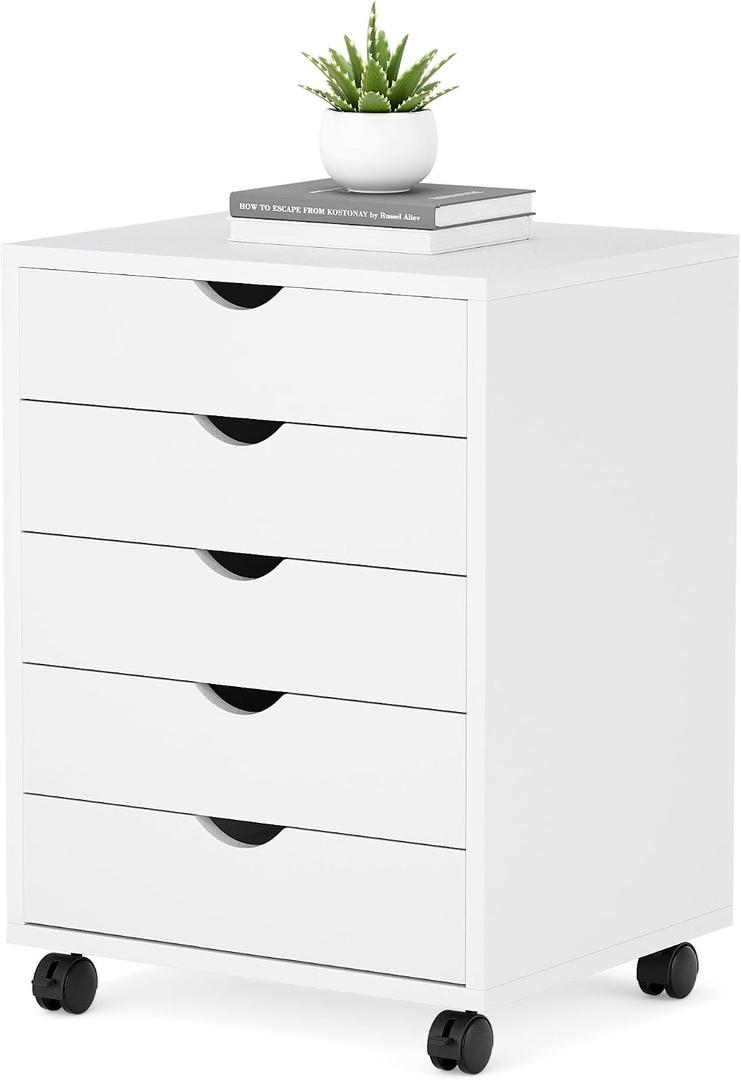 5 Drawer Mobile File Cabinet Under Desk Storage Organization with Wheels Vertical Filing Chest Rolling Wood Small Desk Printer Stand for Home Office, White