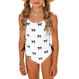 Luckydora Girl's Cherry Print Swimsuit One Piece Ruched Side Drawstring Summer Beach Bathing Suit 11Y