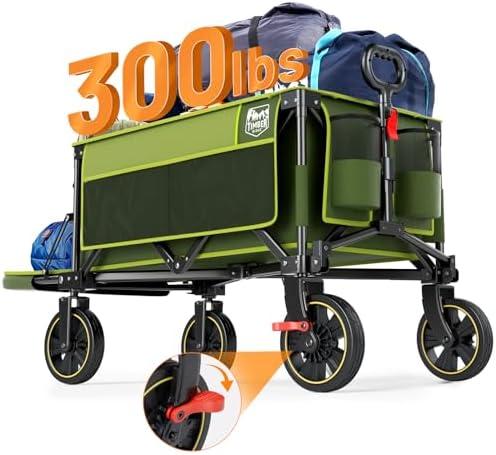 TIMBER RIDGE 49" Extra Long Collapsible Folding Wagon with Tailgate and Brakes, 300lbs Heavy Duty Foldable Wagon with Adjustable Handle, 250L Capacity Portable Cart for Outdoor Camping Sports, Green