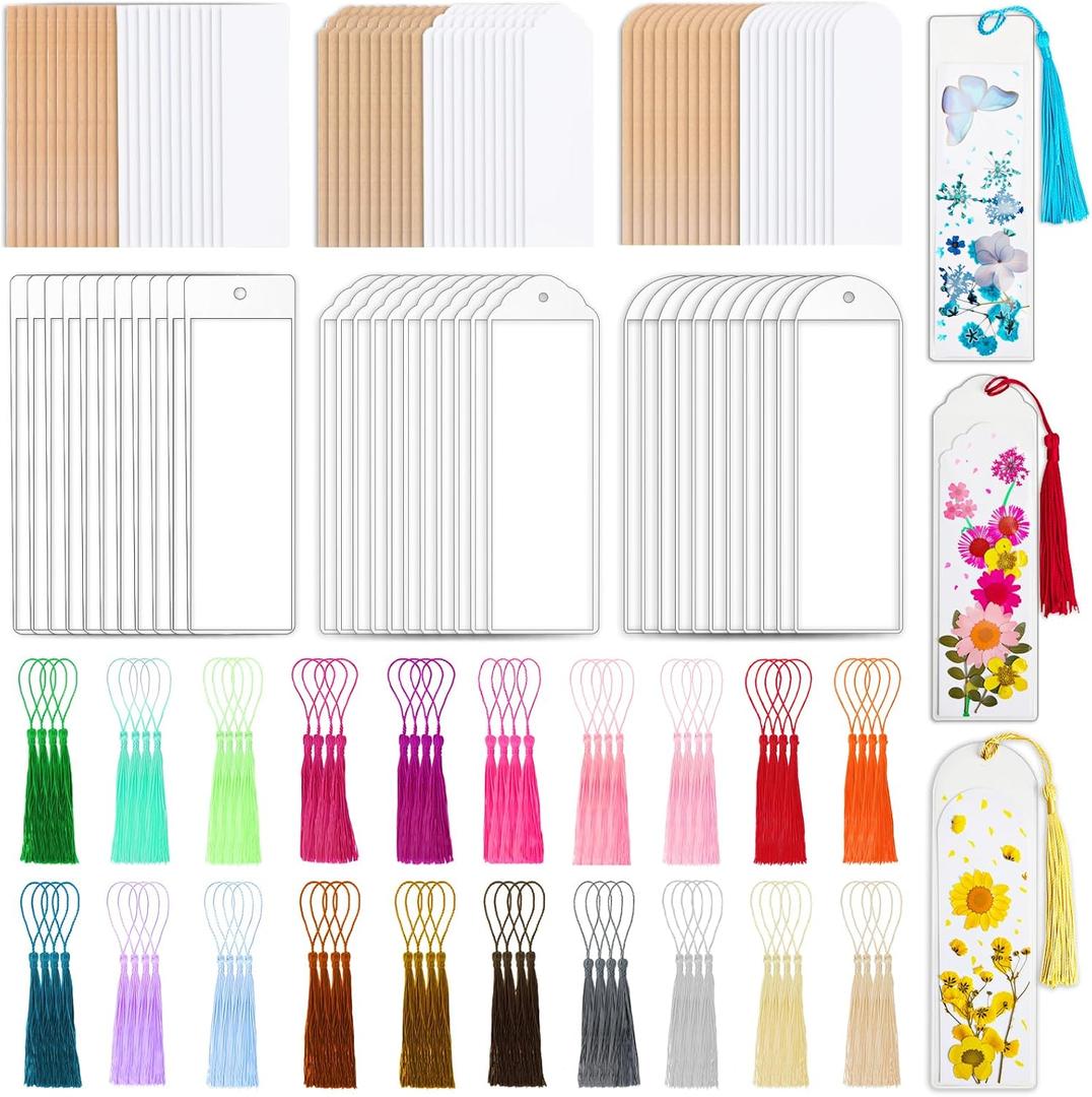 Kraft Paper Blank Bookmarks, Bookmark Making Kit with  Clear Bookmark Sleeves &  Colorful Tassels, Paper Book Mark Bulk for DIY Crafts, Gift Tags, School Projects