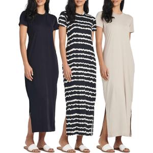 Real Essentials 3 Pack Womens Casual Short Sleeve Maxi T-Shirt Dress with Slit (XL)