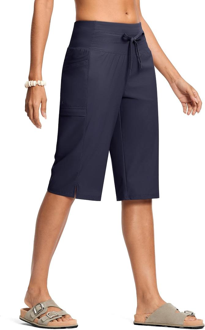 ISEEGZ Women's Swim Capris Pants High Waist Tummy Control Quick Dry UPF 50+ Long Board Shorts with Liner and Pockets, XL