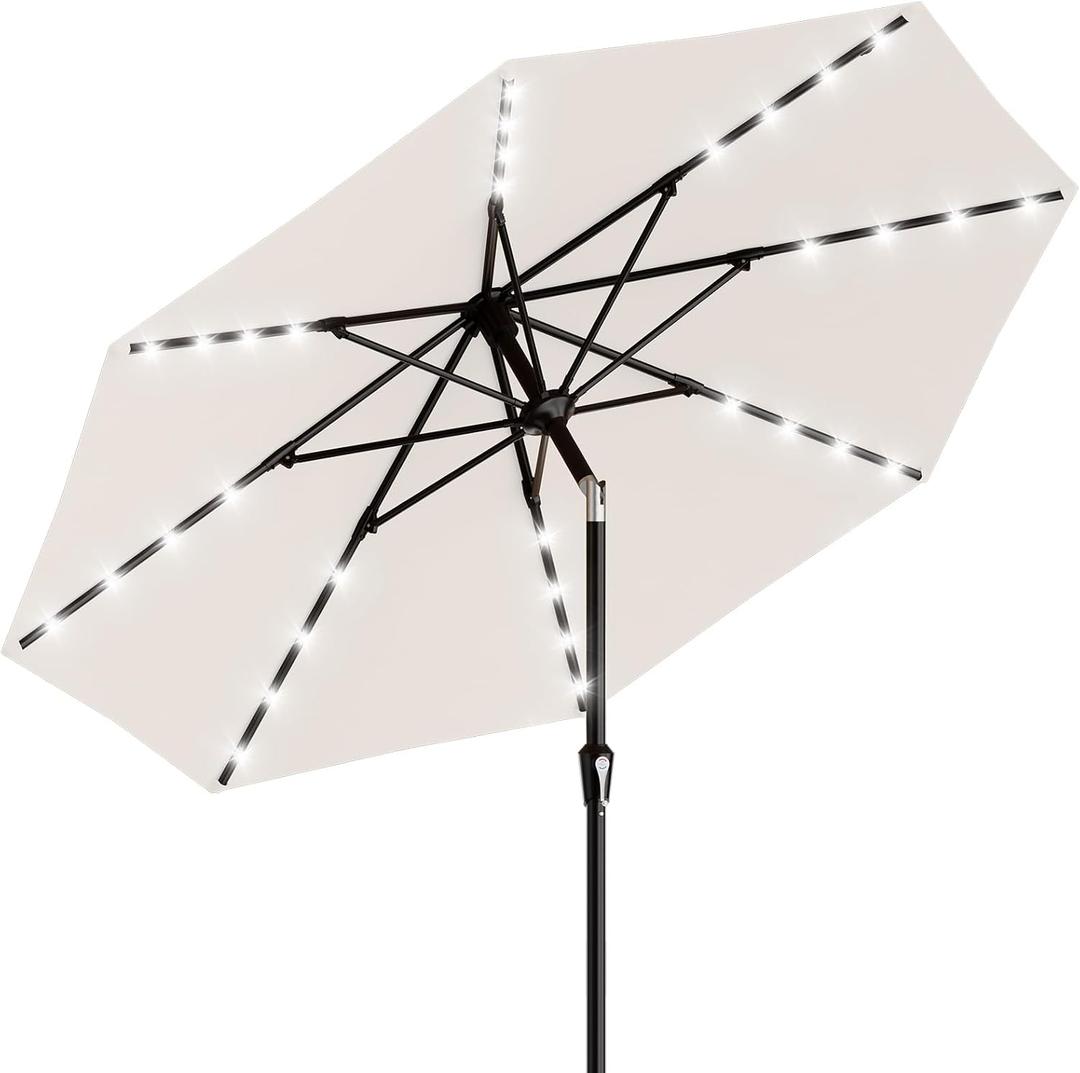 AreShark 9FT Patio Umbrella with Solar Lights, 32 Lighted Pool Umbrella w/Tilt and Crank, Outdoor Market Solar Umbrellas for Garden, Deck, Backyard, Pool and Beach, Cream-White