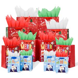 12Pack Christmas Gift Bags Assorted Sizes With Tissue paper(12 Bags: 4 Small 6", 4 Medium 9", 4 Large 13") for Friends, Family, Teachers, Coworkers, Christmas Gift Bag Assorted Sizes Bulk Set