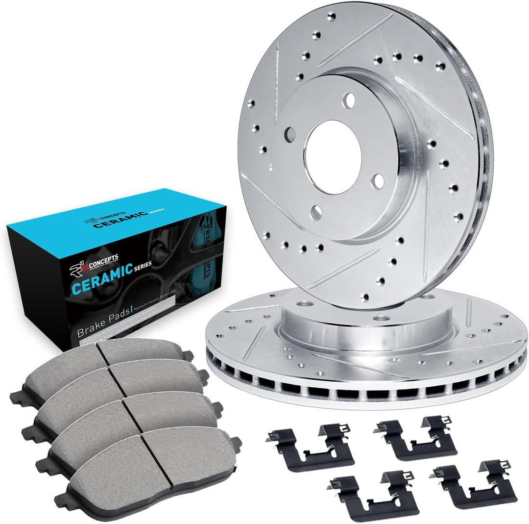 R1 Concepts Front Brake Kit For 2009-2014 Honda Fit| Drilled Slotted Brake Rotors| Ceramic Brake Pads and Rotors Kit| Hardware included