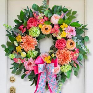 Spring Wreaths for Front Door 24 Inch Outdoor Spring Wreath with Pink Bow Handmade Peach Dahlia & Garden Rose Summer Wreaths for Front Door,Farmhouse Home,Porch,Wall,Window Decor