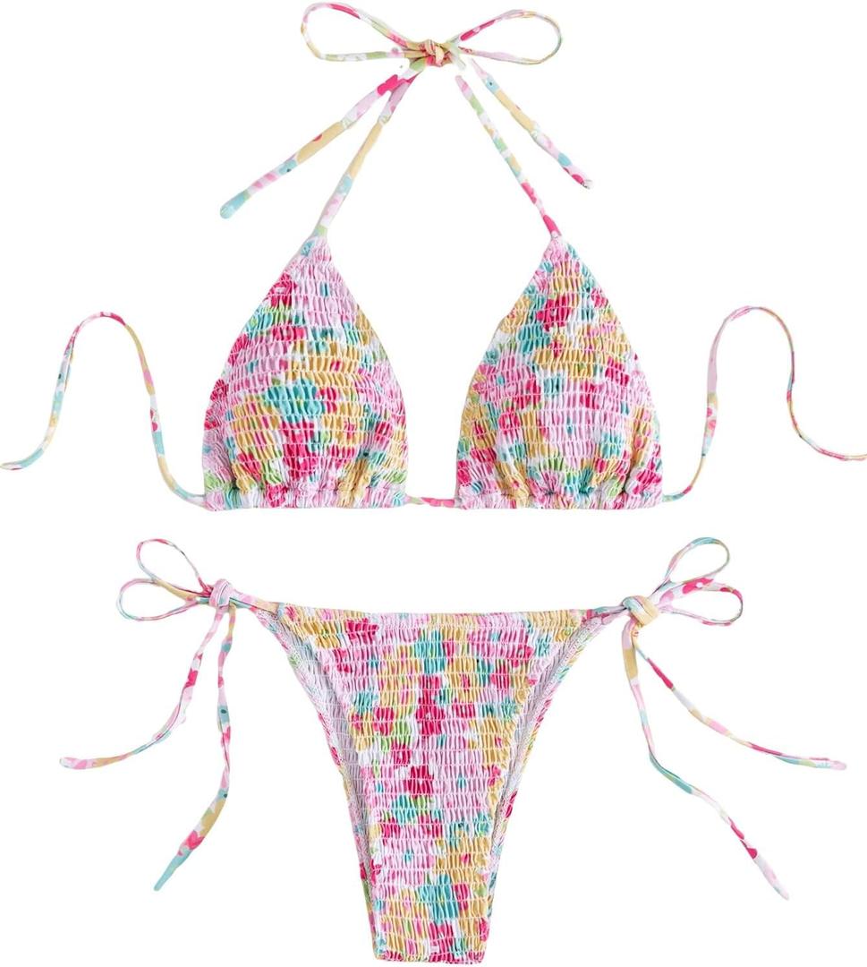 COZYEASE Women's 2 Piece Floral Bikini Sets Smocked Drawstring Side Triangle Halter Sexy Cute Swimsuits (L)