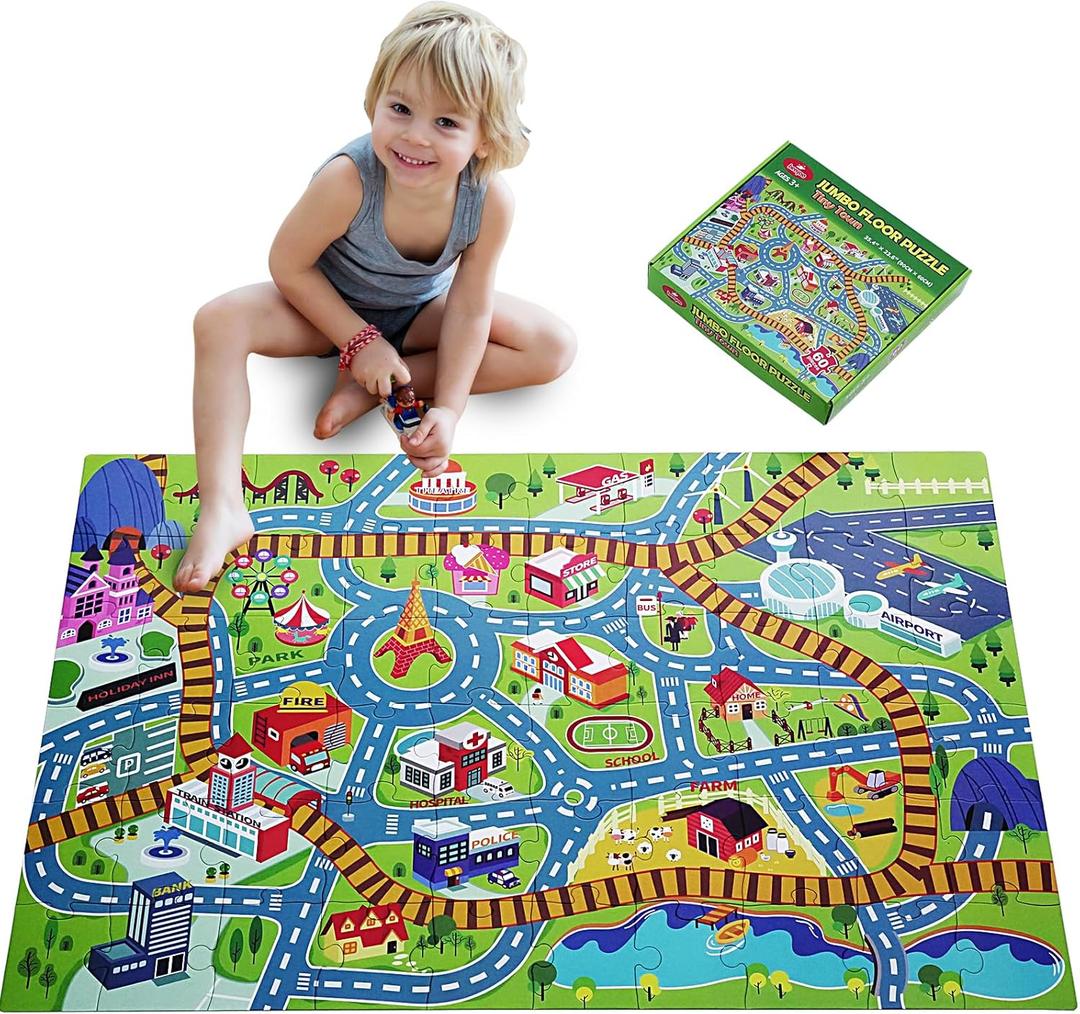 Giant Floor Puzzle for Kids - 60 Piece City Adventure Map with Train Tracks - Thick Cardboard Large Jigsaw Puzzles (2x3 feet) - Storytelling Educational Preschool Toy for Toddlers Ages 3-5 4-8